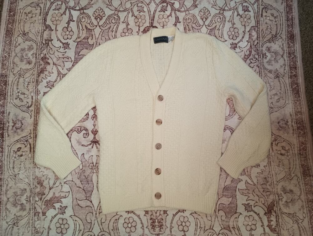 Vtg Lazarus Mens Old Money Cable Knit Cardigan M Ivory Fisherman Academia